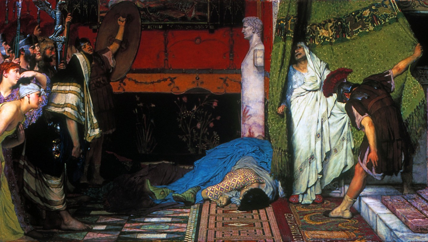 Claudius verstopt zich achter een gordijn, terwijl zijn neef Caligula levenloos op de grond ligt