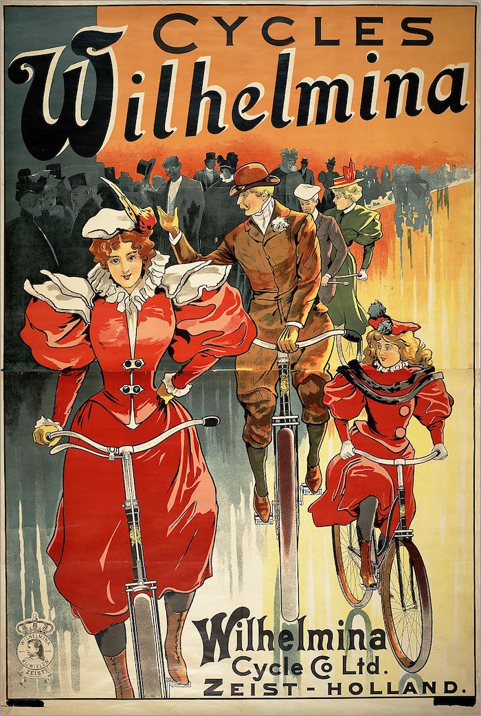 Oranje-merchandising: een fietsenfabriek in Zeist voerde het model Wilhelmina. Onbekende maker, Affiche: Wilhelmina Cycle & Co. Ltd. Zeist - Holland (ca. 1897). Bron: Wikimedia Commons