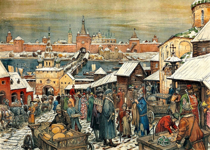 Apollinary Vasnetsov, Novgorod Marketplace (1908). Bron: Wikimedia Commons (CC0)