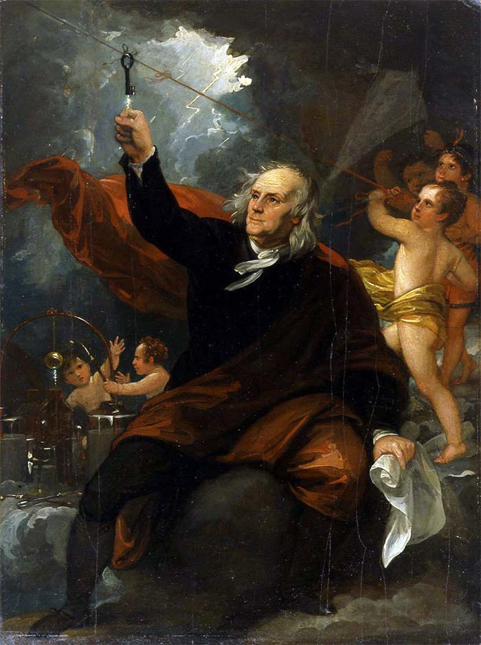 Franklin met zijn experimentele bliksemafleider. Benjamin West, Benjamin Franklin Drawing Electricity from the Sky (ca. 1816). Bron: Wikimedia Commons (PD)
