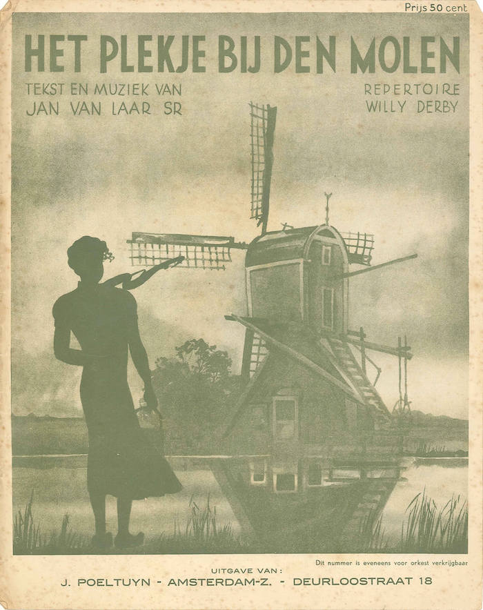 De bladmuziek uit 1935 van ‘Het plekje bij de molen’, dat als ‘Daar bij die molen’ een hit werd. Bladmuziek ‘Het plekje bij de molen’, oftewel ‘Daar bij die molen’. Bron: Collectie auteur