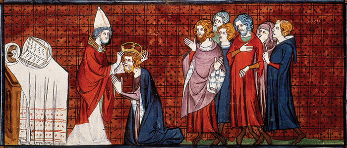 Chroniques de France ou St Denis, Pope Leo III crowning Charlemagne (14de eeuw). Bron: Flickr Levan Ramishvili
