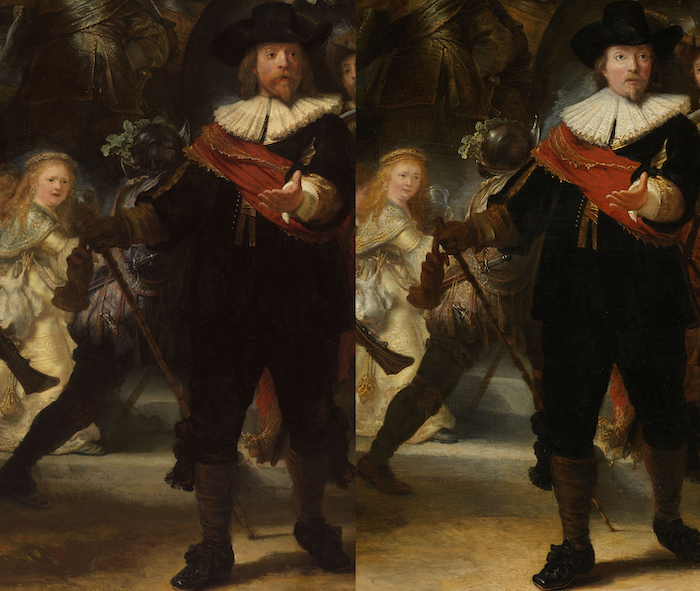 Details uit de Nachtwacht van Rembrandt (links) en de versie van Lundens (rechts), voordat het computerprogramma de verhoudingen rechttrok. Bron: Rijksmuseum/Gemeente Amsterdam/National Gallery London (CC0 1.0)