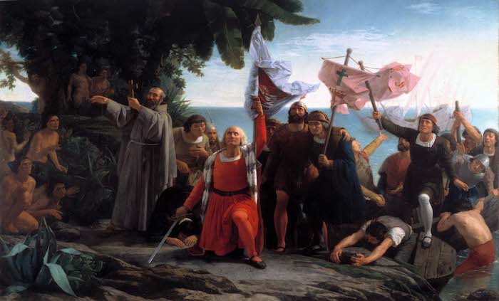 Dióscoro Puebla, Primer desembarco de Cristóbal Colón en América (1862). Bron: Wikimedia Commons (PD)
