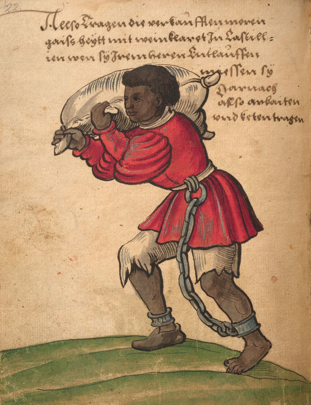 Een geketende zwarte man aan het werk, ergens in Castilië (ca. 1530). Bron: Christoph Weiditz, Trachtenbuch, collectie Germanisches Nationalmuseum Neurenberg