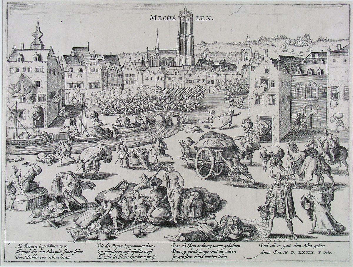Frans Hogenberg, De plundering van Mechelen door de hertog van Alva (ca. 1581). Bron: Wikimedia Commons (PD)