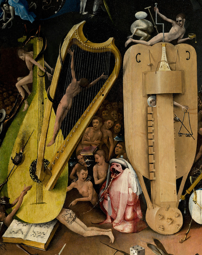 Fragment: de bilmuziek. Hiëronymus Bosch, detail uit Tuin der lusten (ca. 1480-1490). Bron: Museo del Prado
