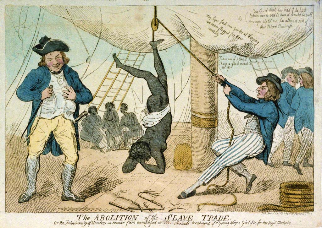 Een spotprent van kapitein John Kimber, die er in 1792 van werd beschuldigd op zijn slavenschip een meisje te hebben vermoord omdat ze niet voor hem wilde dansen. Isaac Cruikshank, The Abolition of the Slave Trade (1792). Bron: Wikimedia Commons (PD)