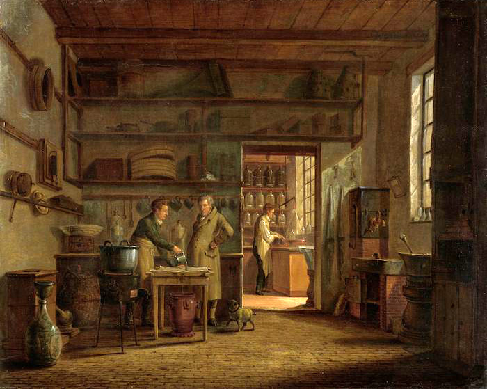 Johannes Jelgerhuis, Interieur van laboratorium en apotheek het Stoockhuys (1818). Bron: Rijksmuseum Amsterdam (PD)