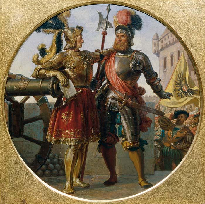 Karl von Blaas, Kaiser Maximilian I und Georg von Frundsberg (1868). Bron: Wikimedia Commons (PD)