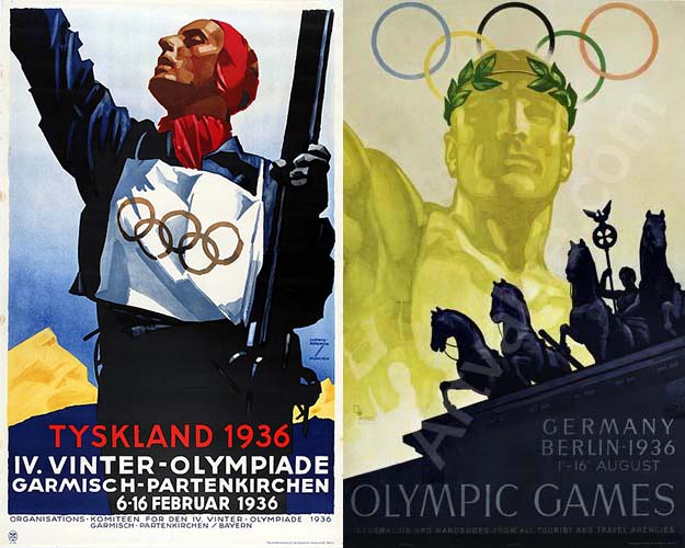 Ook in het buitenland werd geadverteerd, zo getuigen deze posters in het Deens en Engels. Ludwig Hohlwein, Tyskland 1936 (1935) en Franz Theodor Würbel, Olympic Games (1936). Bron: Wikimedia Commons (CC0)