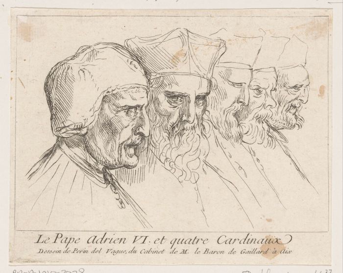 Onbekende maker, Perino del Vaga, Portret van paus Adrianus VI en vier kardinalen (17de eeuw). Bron: Rijksmuseum Amsterdam (PD)