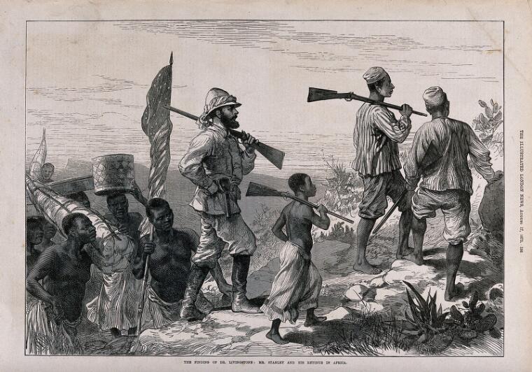 Stanley en dragers, op zoek naar Livingstone. Onbekende maker, The finding of Dr. Livingstone (1872). Bron: Wellcome Collection (PD)