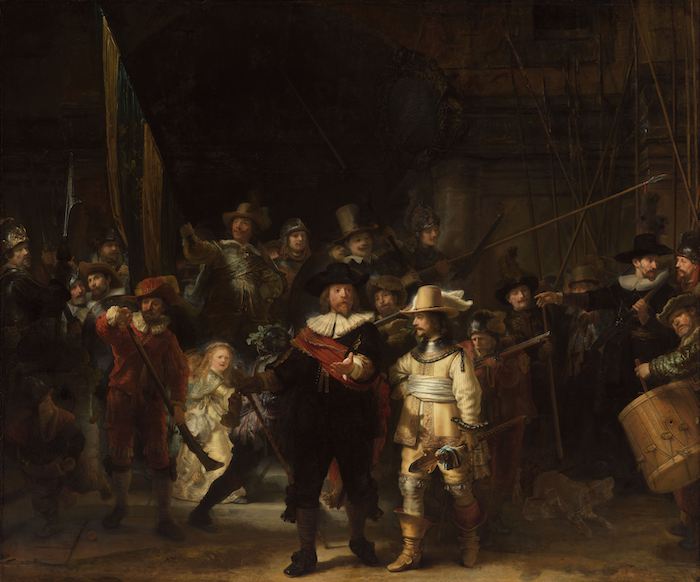 De Nachtwacht zoals wij het schilderij kennen. Afmetingen: 379,5 × 436 cm. Rembrandt van Rijn, De Nachtwacht (1642). Bron: Rijksmuseum Amsterdam/Gemeente Amsterdam (SK-C-5 CC0 1.0)