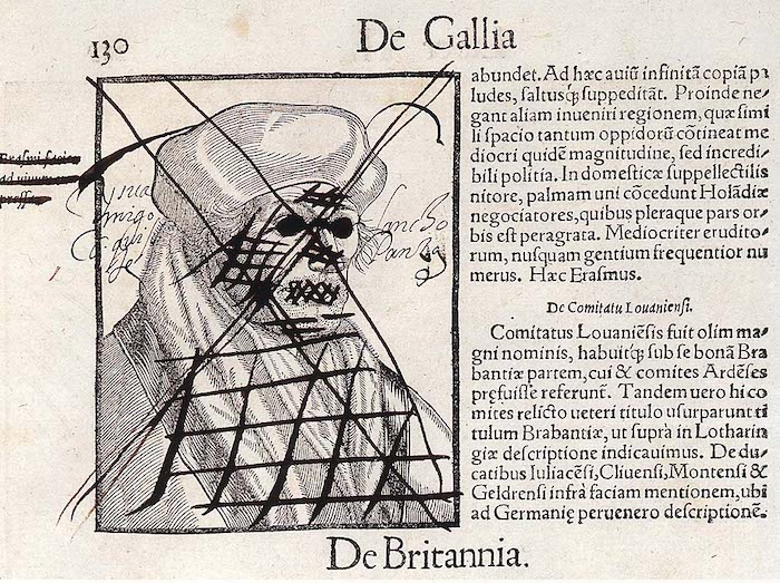In een Spaans boek werd zelfs Erasmus’ portret door de censor onherkenbaar gemaakt. Sebastian Münster, Cosmographiae universalis (1550). Bron: Biblioteca Nacional de España (CC0)