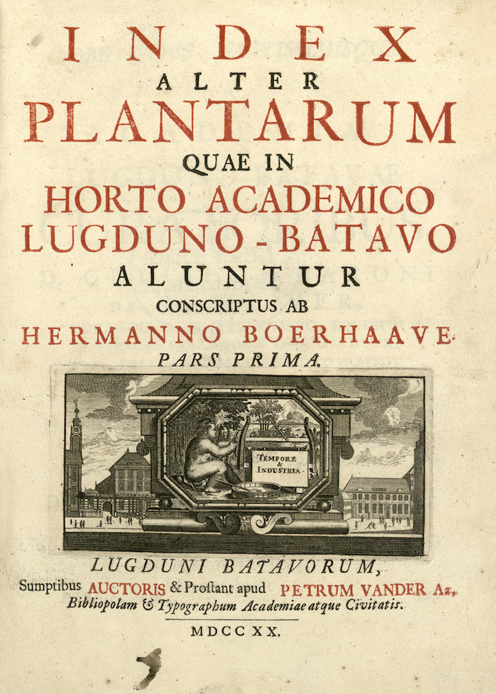 De titelpagina van een van de werken van Boerhaave. Index Alter Plantarum Quae In Horto Academico Lugduno-Batavo Aluntur (1720). Bron: SUB (CC0 1.0)