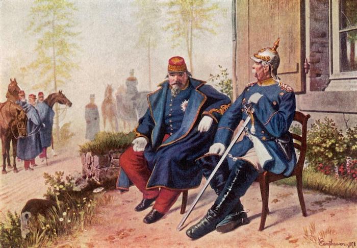 Wilhelm Camphausen, Napoleon III und Bismarck trafen sich am 2. September 1870 (1878). Bron: Wikimedia Commons
