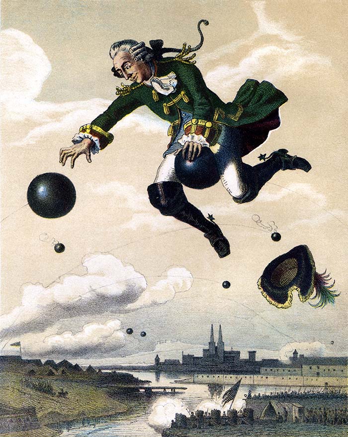 Verbeelding van baron van Münchhausens verhaal over de kanonskogel. August von Wille, Baron von Münchhausen's flight on a cannonball (ca. 1850). Bron: Wikimedia Commons (PD)