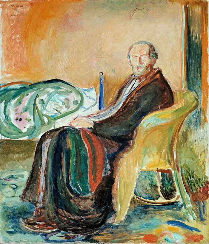Zelfportret met de Spaanse griep van Edward Munch. De schilder werd rond de jaarwisseling van 1918-1919 ziek. Hij legde de verschillende stadia vast in een reeks schetsen en schilderijen. Edvard Munch, Selvportrett i spankesyken (1919). Bron: Wikimedia Commons (PD)
