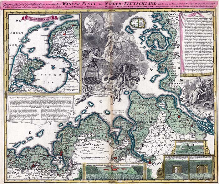 Johann Homann, Geographische Vorstellung der jämerlichen Wasser-Flutt in Nieder-Teutschland (1720). Bron: Wikimedia Commons (PD)