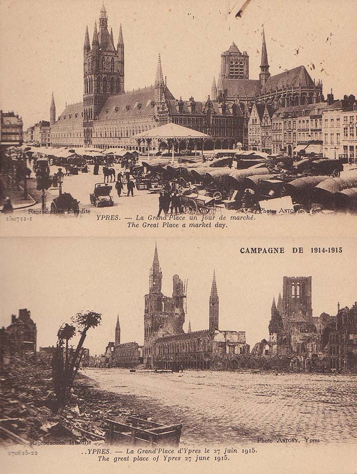 Onbekende maker, Ieper voor en na de Eerste Wereldoorlog (ca. 1915). Bron: Wikimedia Commons (PD)