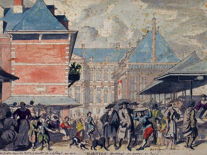 Pieter van den Berge, Gezicht op de riviervismarkt, stathyys en Waag (1690). Bron: Stadsarchief Amsterdam (PD)