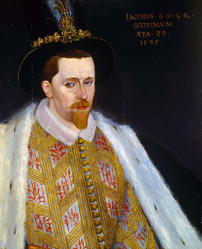 Toegeschreven aan Adrian Vanson, James VI and I (1595). Bron: Wikimedia Commons (PD)