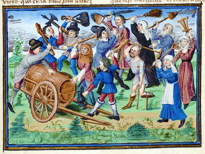 Vrouwen en mannen nemen deel aan dit gevecht, een midden-15de-eeuwse uitbeelding van het idee dat mensen van alle standen het oneens kunnen zijn (Koninklijke Bibliotheek België, KBR, ms. 10218-9, 163r).